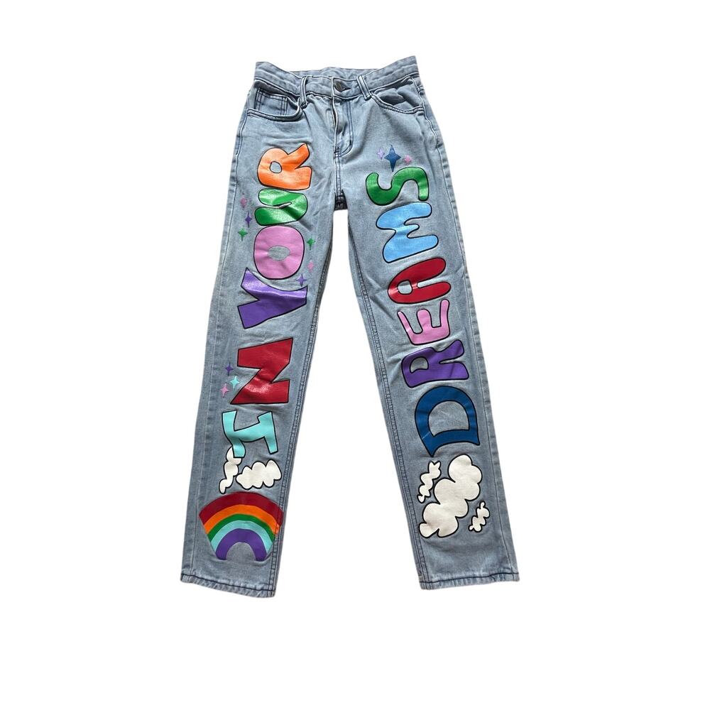 Women’s Size 26 “In Your Dreams” Painted Denim Jeans Rainbow Artsy Whimsical EUC